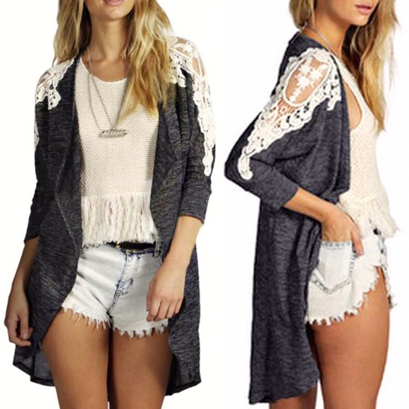 Sweaters - Crochet Lace Cold Shoulder Burnout Knit Cardigan